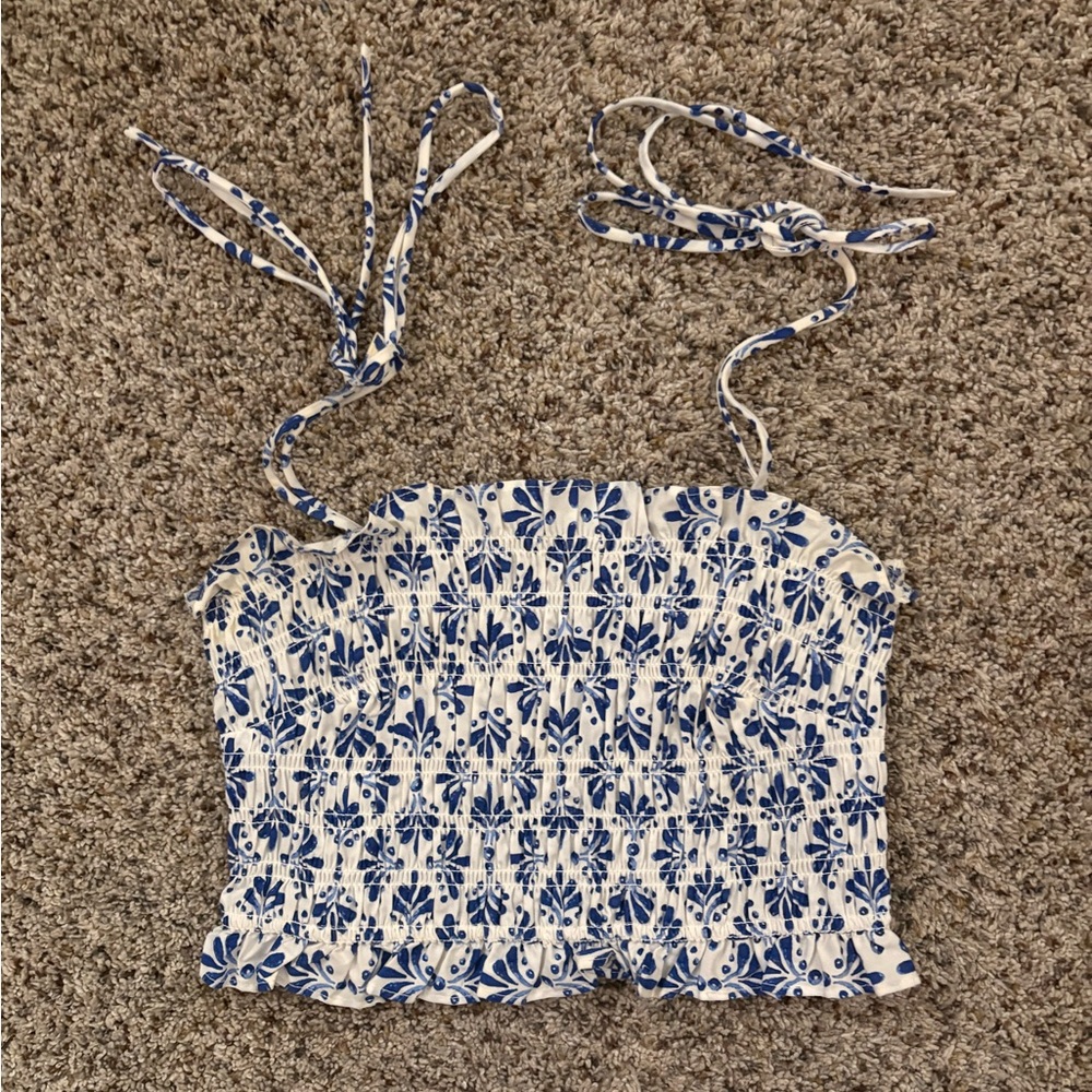 H&M Blue and White Smocked Crop Top